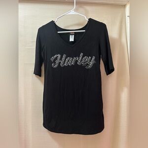 Harley-Davidson Rhinestone Script Tee – Black V-Neck Top (2018) – Small